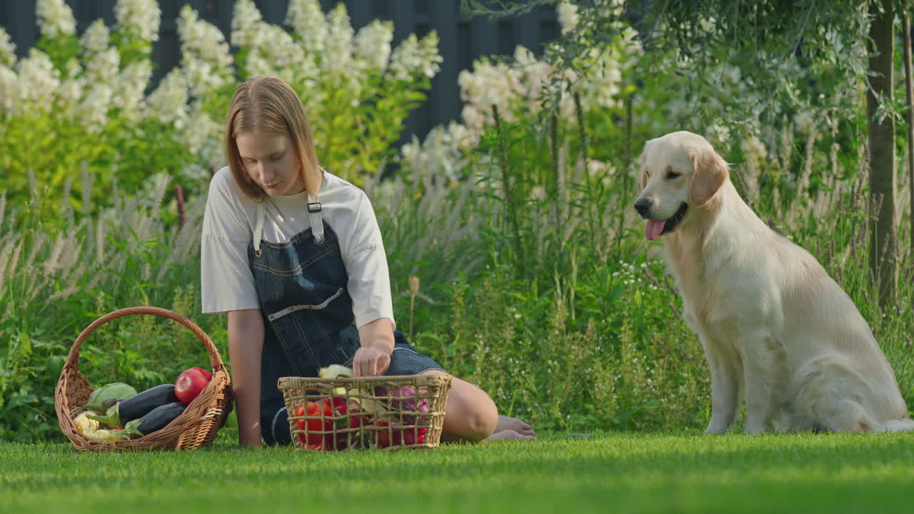 여자 와 개 가 정원 에서 신선 한 채소 를 즐기고 있다