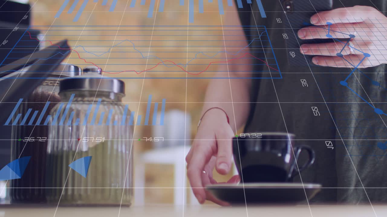 Colleagues tapping, scrolling devices showing business charts while grabbing coffee for data review