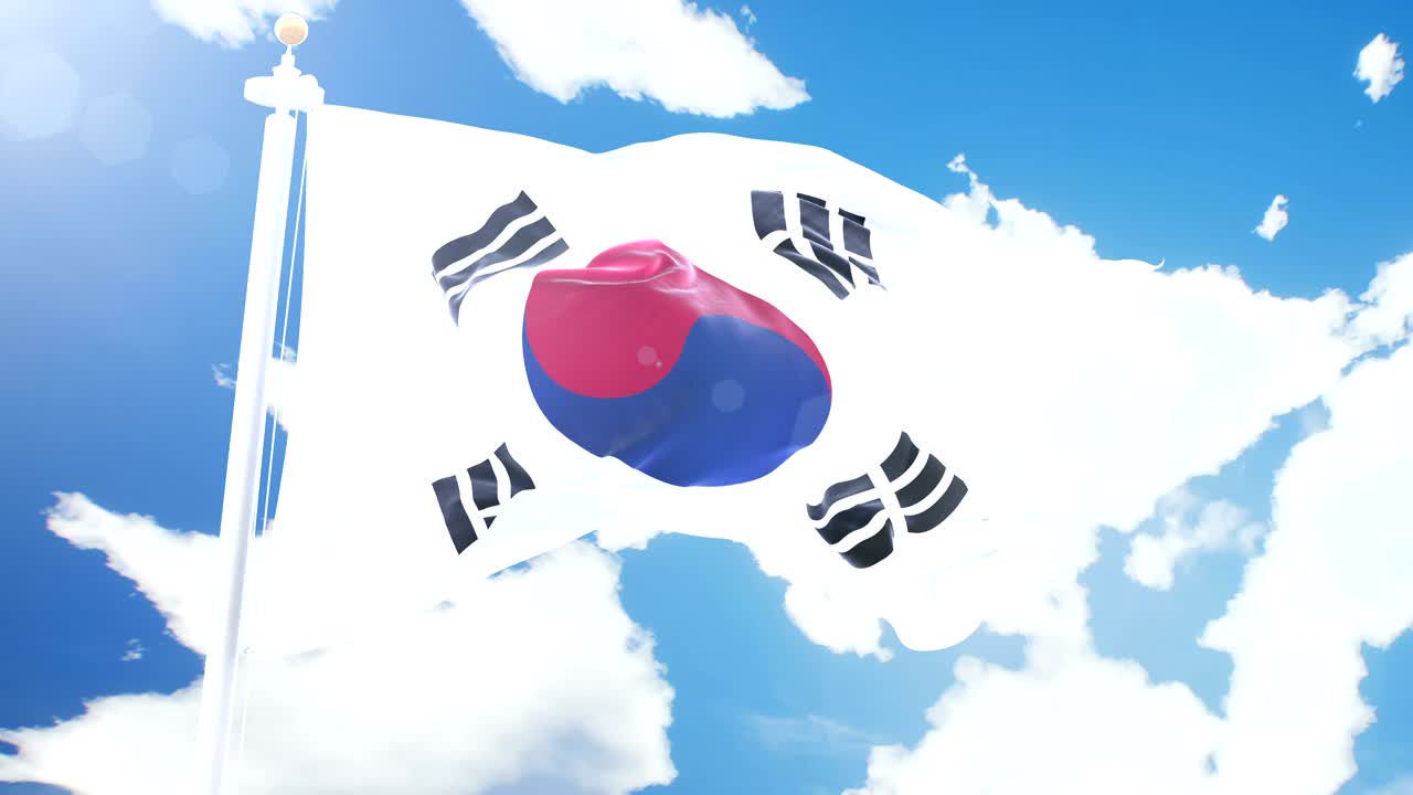Realistic flag of South Korea waving against time-lapse clouds background. Seamless loop in 4K resolution with detailed fabric texture.