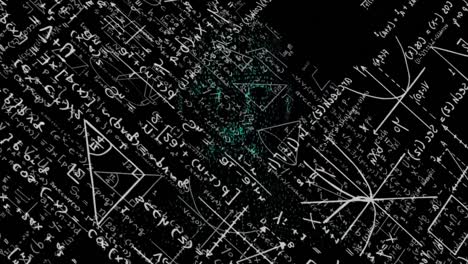 Animation of human digital head spinning with mathematical equations on black background