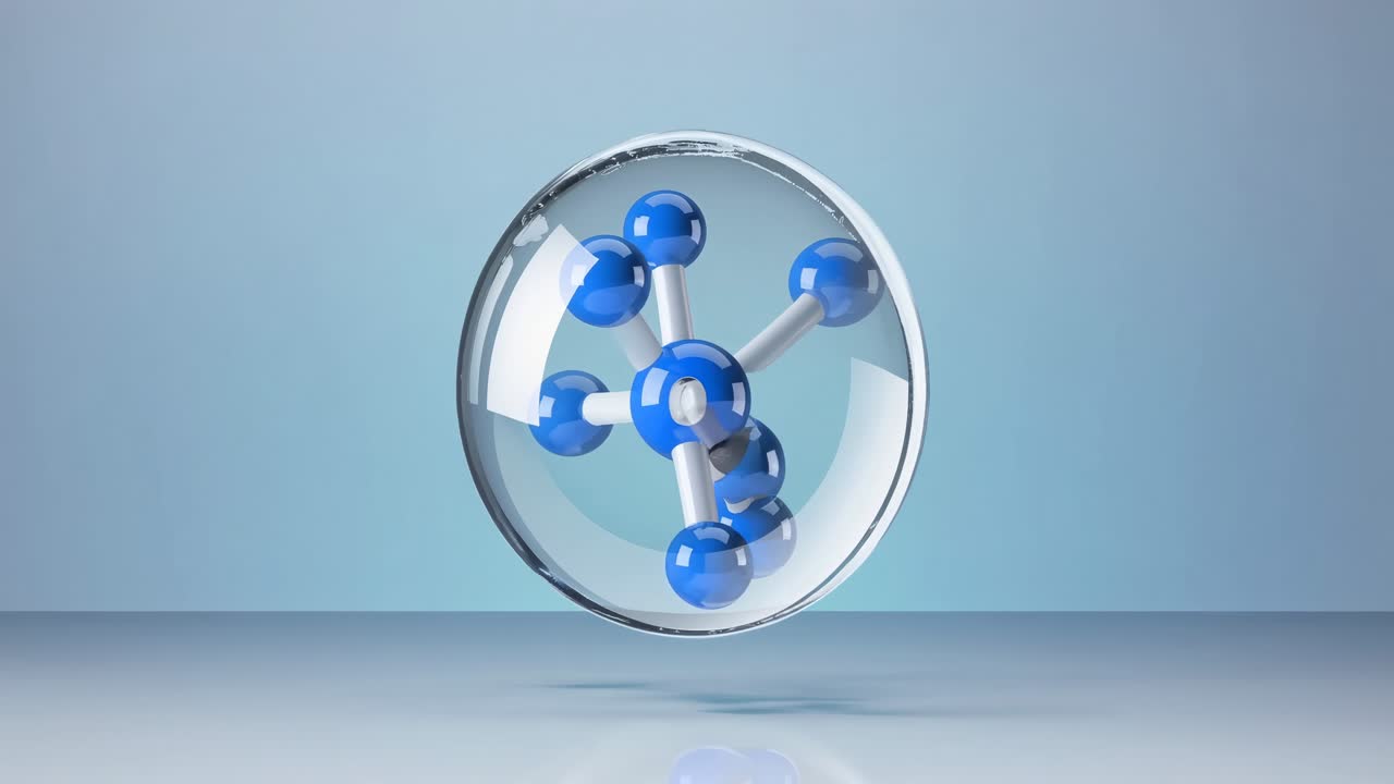 3D rendering of a molecular structure inside a transparent sphere