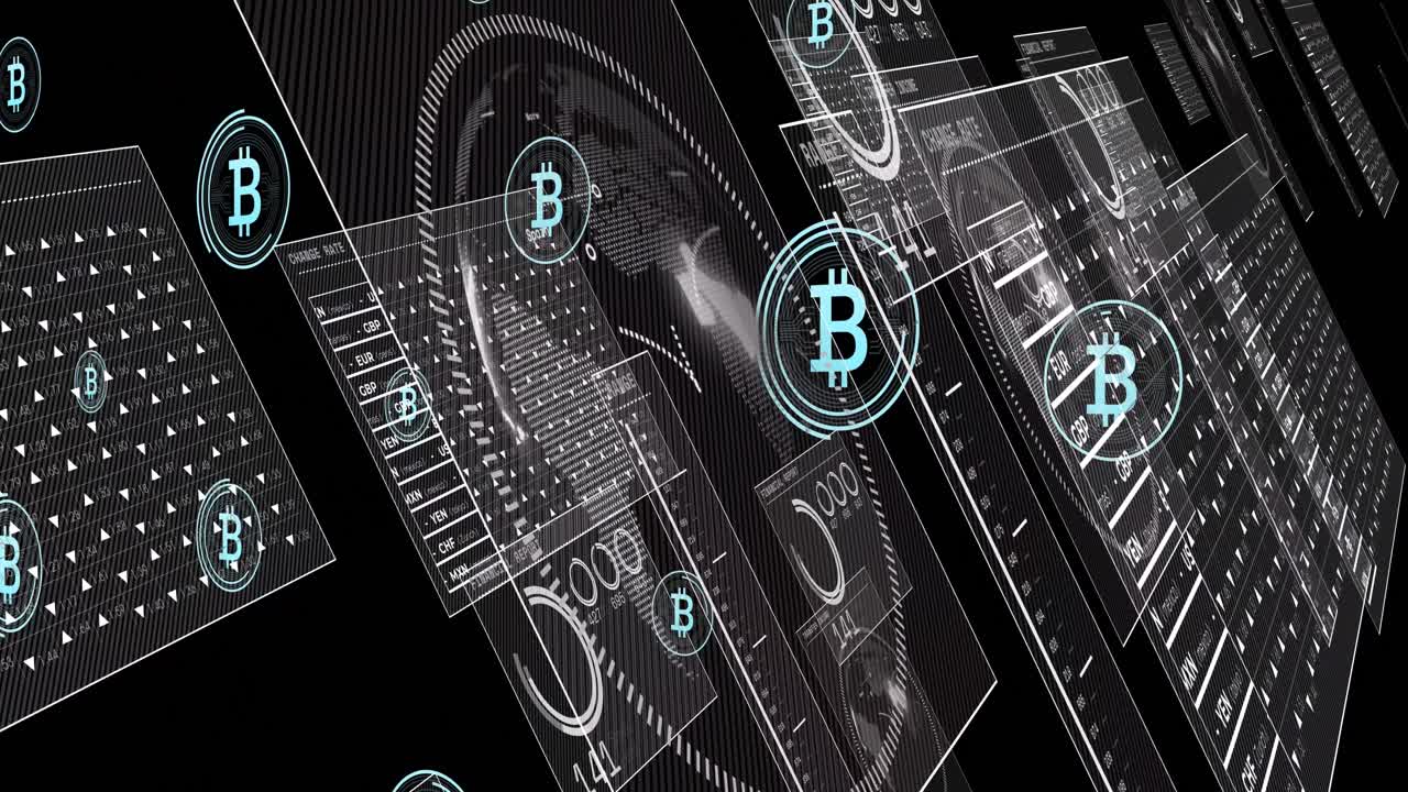 animación de símbolos de bitcoin flotando sobre la interfaz con procesamiento de datos contra un fondo negro.