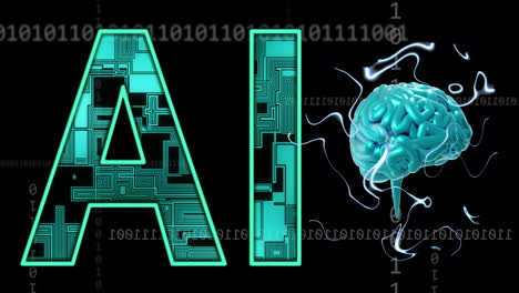 Animation-Von-KI-Text,-Menschlichem-Gehirn-Und-Digitaler-Datenverarbeitung-Auf-Schwarzem-Hintergrund