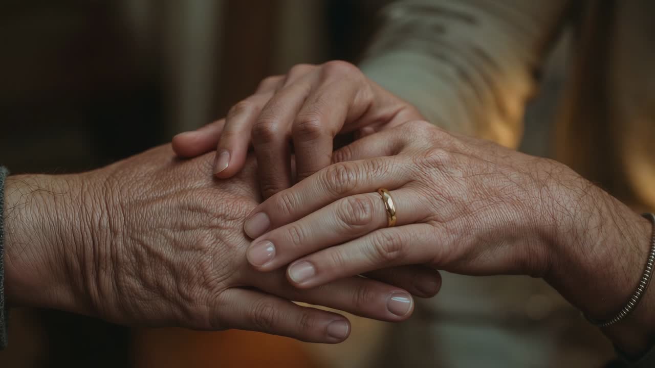 Em cena, uma mão de adulto acariciando a mão de um idoso sobre uma mesa de jantar, confortando mangas verdes e uma aliança de ouro
