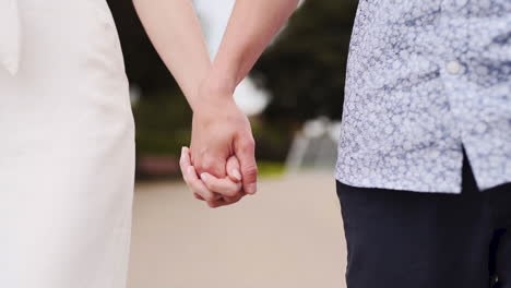 close up of a young couple holding hands and walking in a park