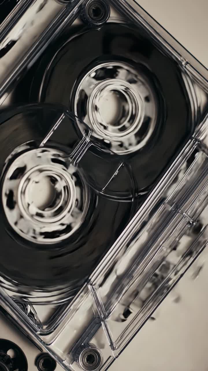 Close-up of a vintage video cassette tape, shot from a top-down angle, highlighting the reels