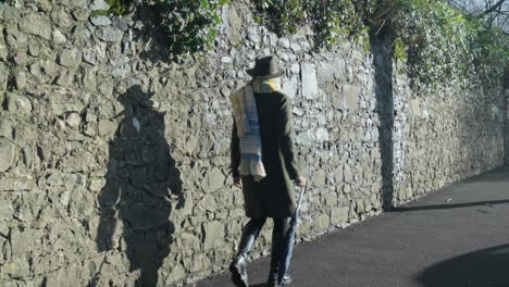 a woman walks along a stone wall, casting her own shadow on the ground