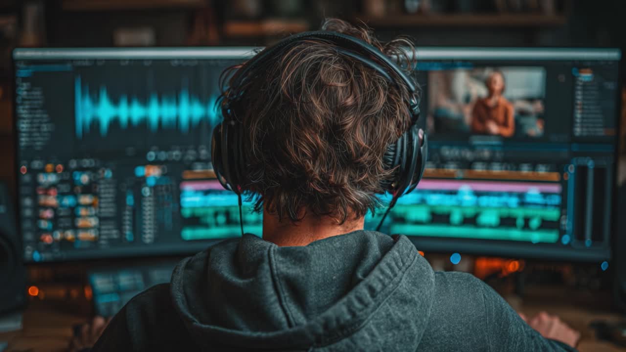 A Focused Individual Engaged in Video Editing with Dual Monitors Showing Audio Waves and Video Clips, Perfectly Capturing the Creative Process of Multimedia Production