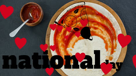 múltiples iconos de corazón rojo flotando y banner de texto del día nacional de la pizza sobre la salsa sobre el pan de pizza