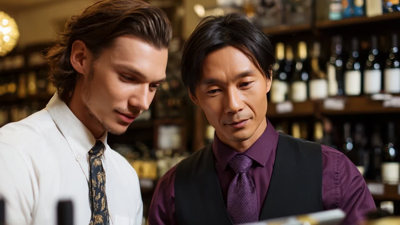 In this engaging scene set in a wine shop, two men share a moment of discovery as they examine a bottle, their expressions reflecting curiosity and interest in the selection process, highlighting the art of choosing the perfect wine