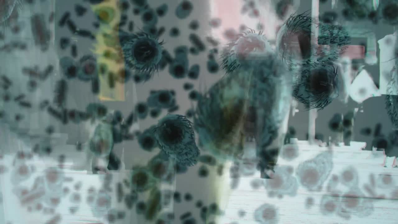 animación de células de covid 19 sobre personas que caminan