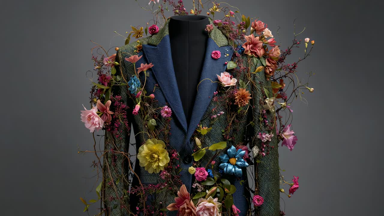 La camera si avvicina a una giacca verde sartoriale con revers blu scuro su un torso nero, rivelando dei fiori