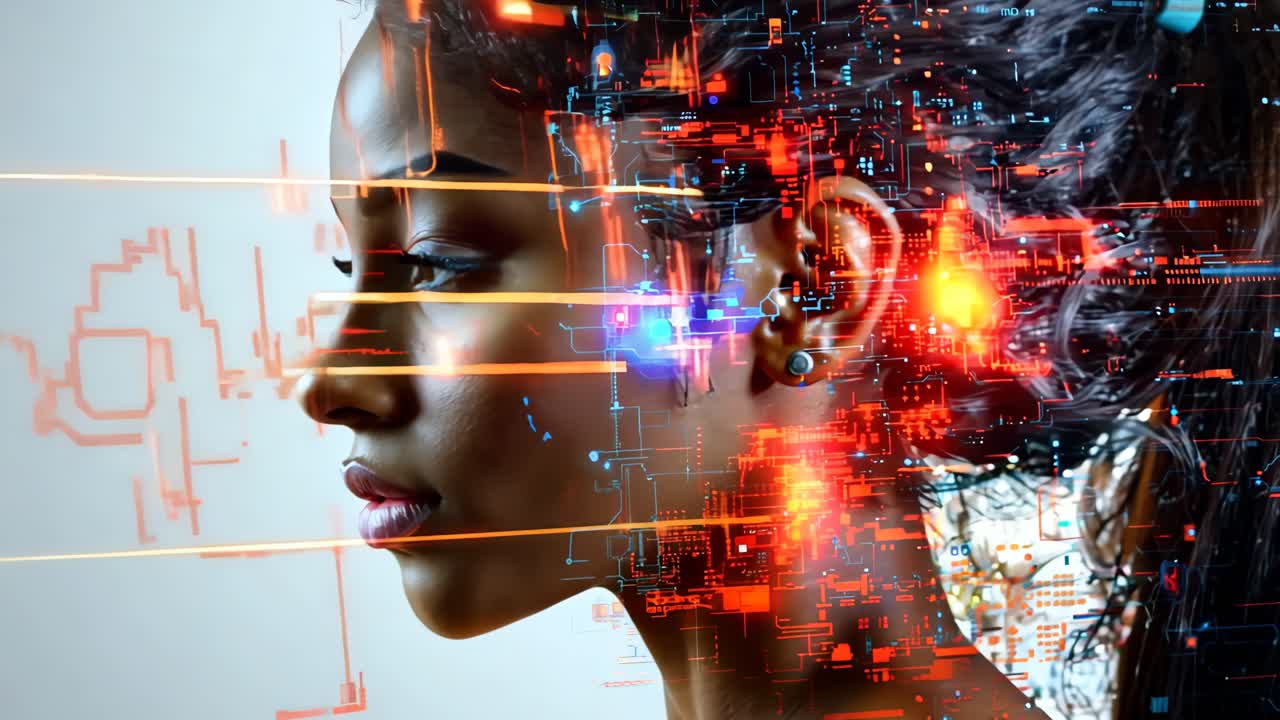 A woman's face is shown in a computer generated image with a futuristic cityscape in the background. Concept of technology and innovation, as well as a futuristic and urban atmosphere