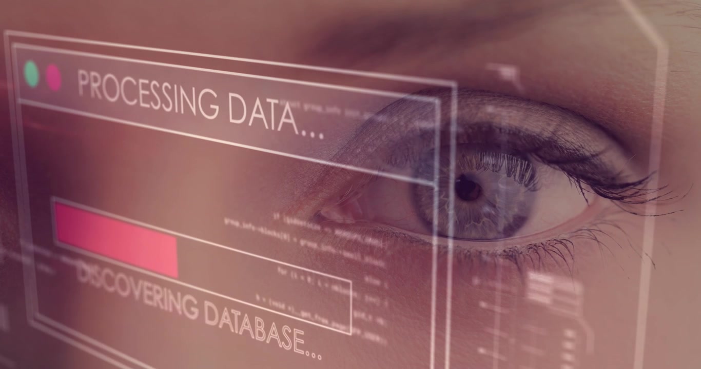 Animation of digital screen with data processing over eye of caucasian woman