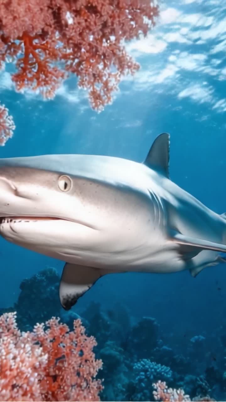Majestic Shark Gliding Through Vibrant Coral Reef - A Captivating Underwater Encounter with Nature's Apex Predator in its Colorful Habitat