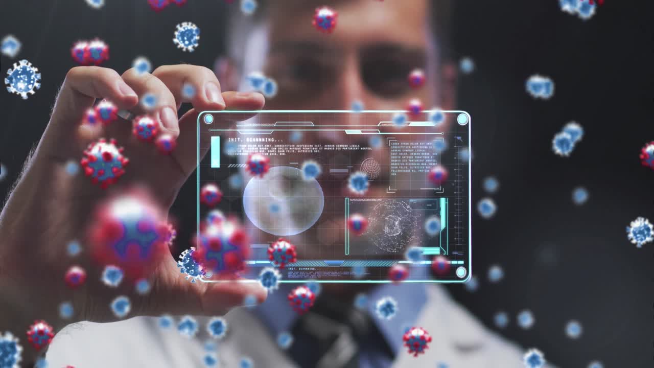 múltiples células de covid-19 flotando contra un médico caucásico que sostiene una pantalla futurista