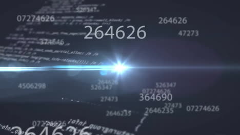 Animation of changing numbers and lens flares with lens flare over computer language