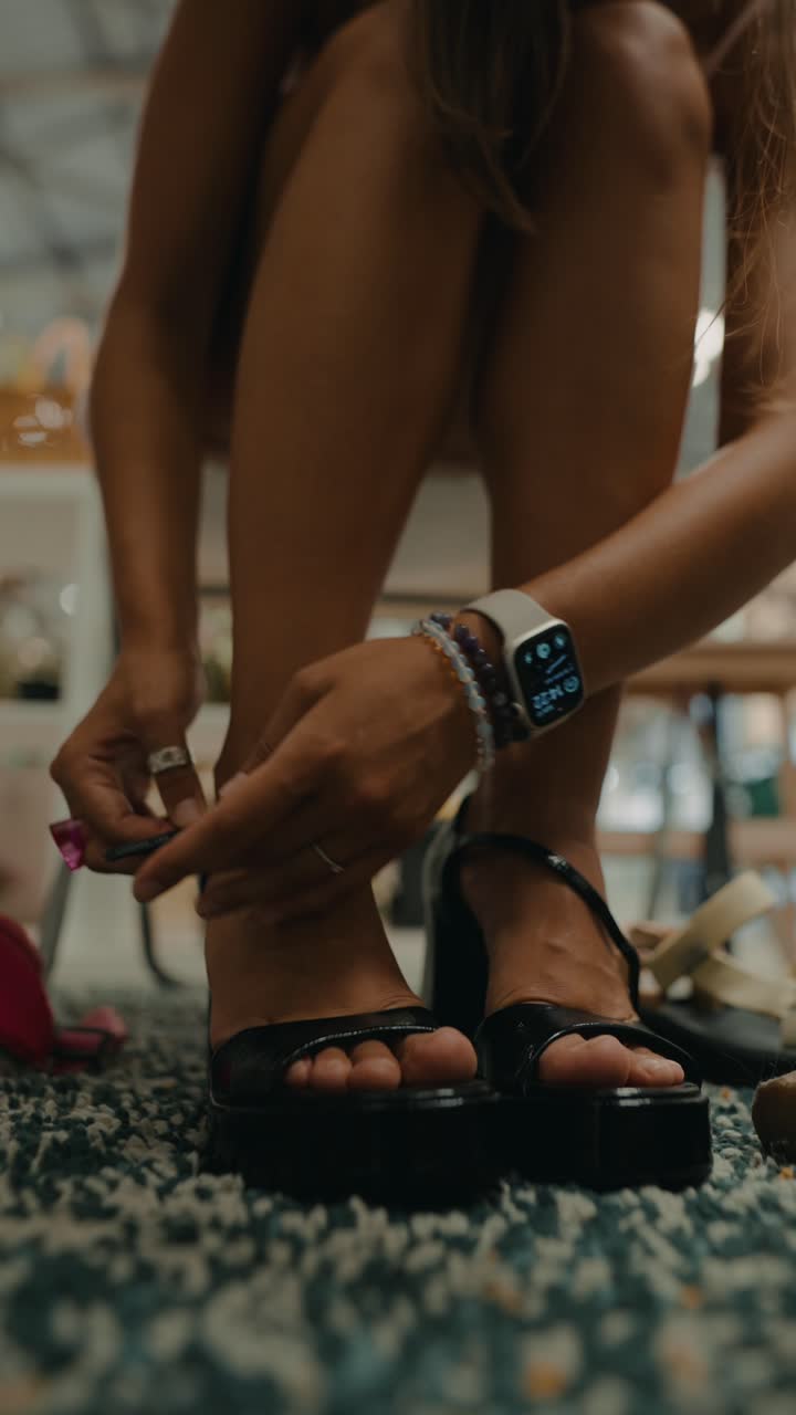 A woman putting on platform sandals