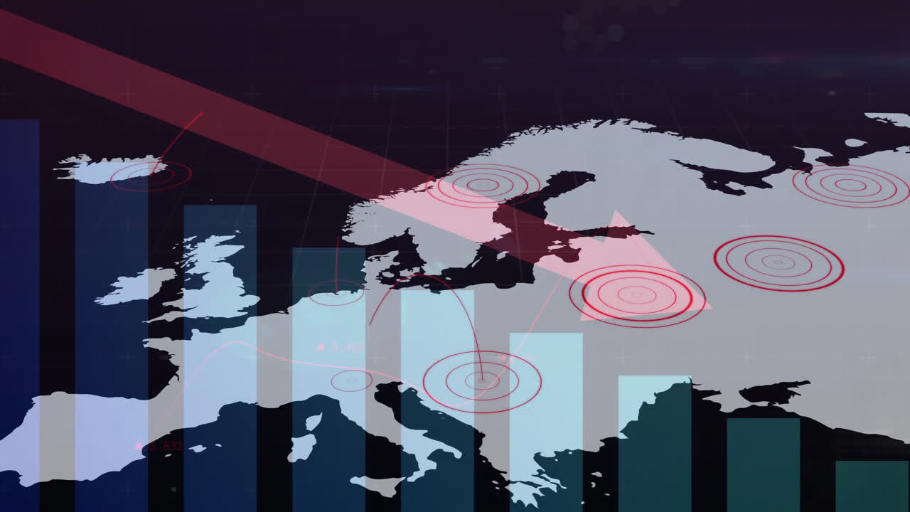 어두운 배경에 있는 유럽 지도 위의 통계 및 데이터 처리의 애니메이션