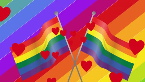 animación de corazones cayendo sobre arco iris y banderas