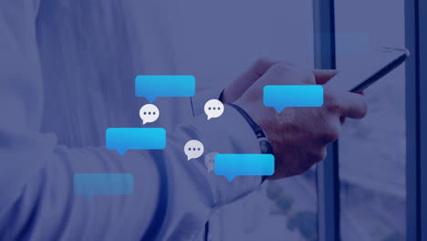 Animation of digital icons processing over caucasian businessman using tablet