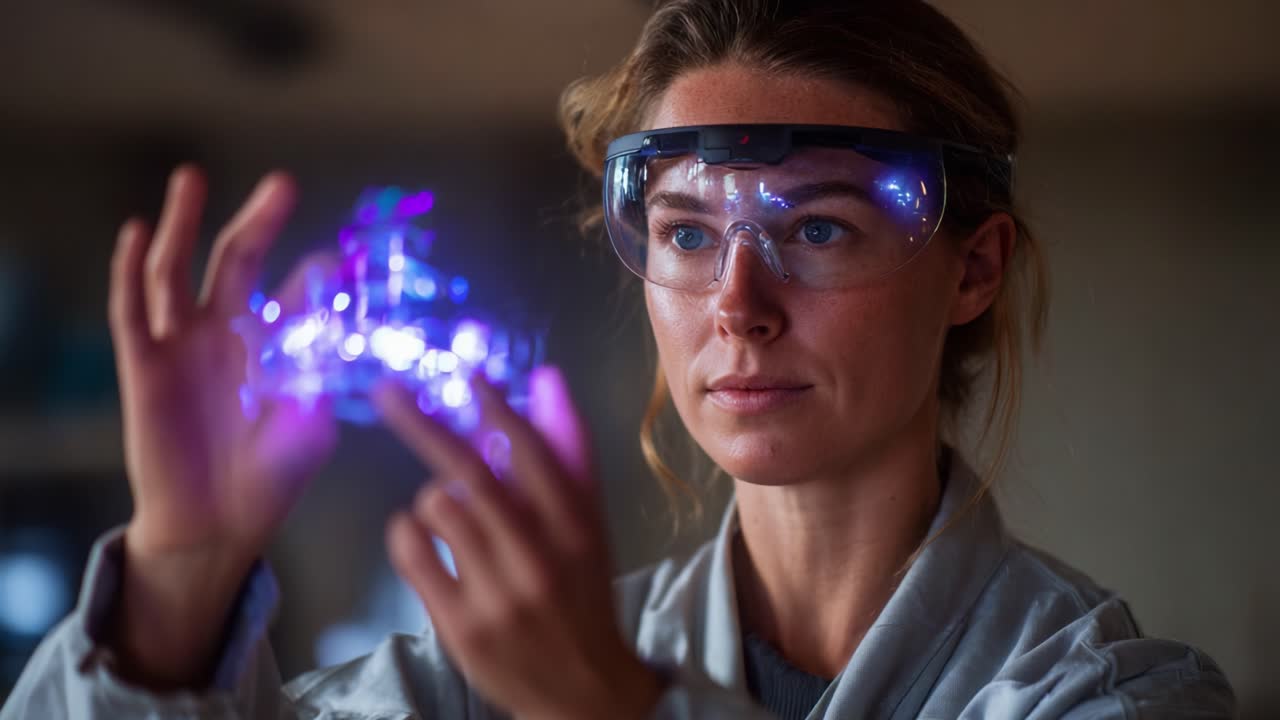 Fokuseret forsker undersøger en glødende teknologisk enhed, der viser innovation og forskning i et moderne laboratoriemiljø gennem fængslende visuelle elementer