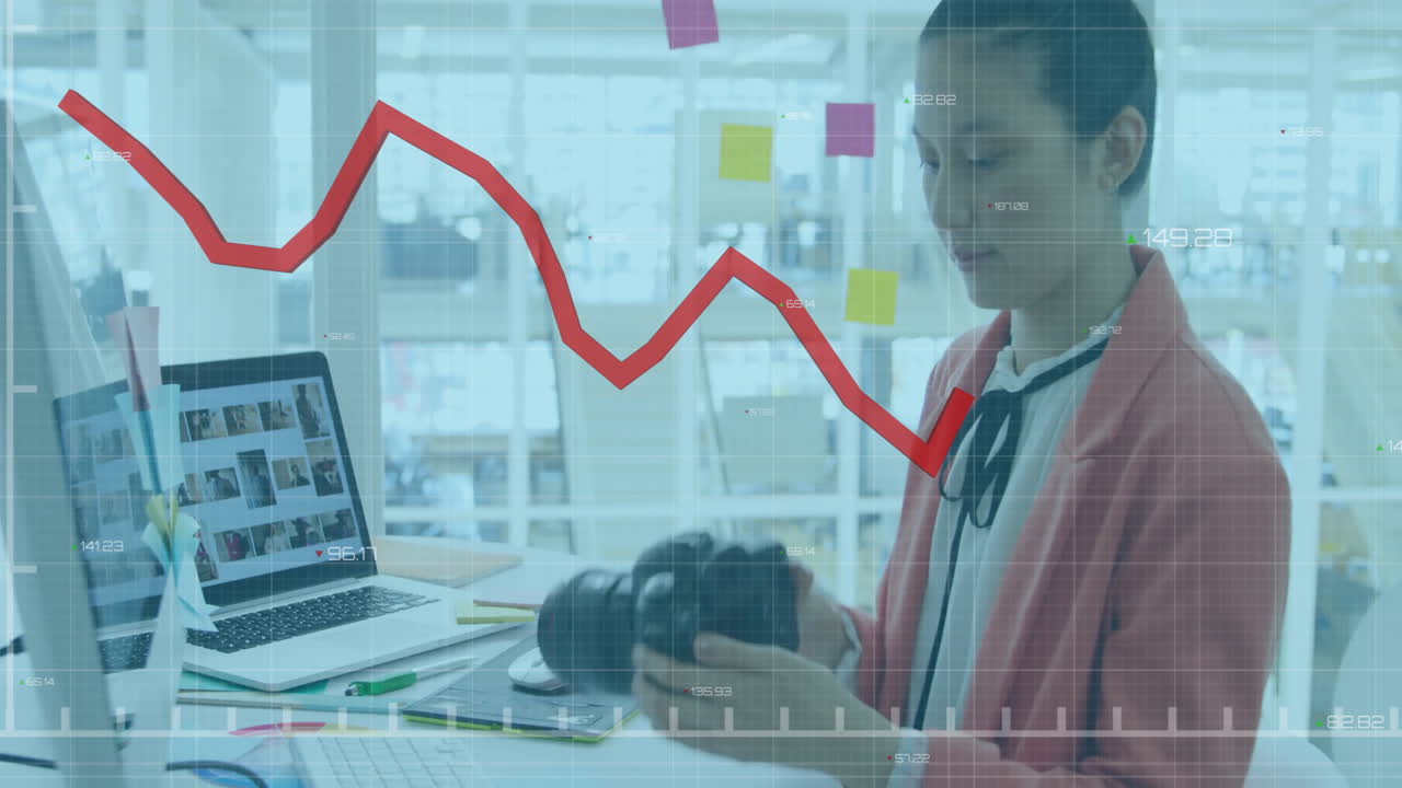 Animation of financial data processing over asian businesswoman in office