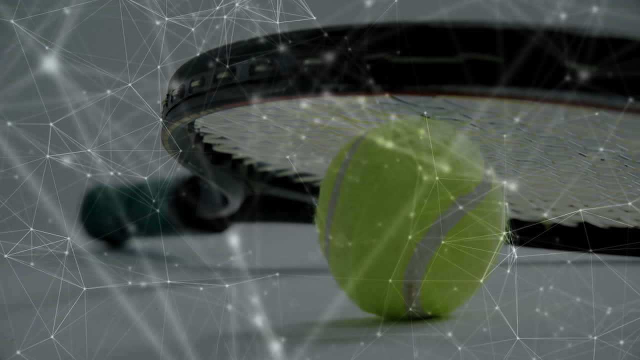 Tennis ball floating against racquet strings, displaying digital mesh overlay in flat design render