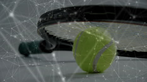 tennis ball floating against racquet strings, displaying digital mesh overlay in flat design render