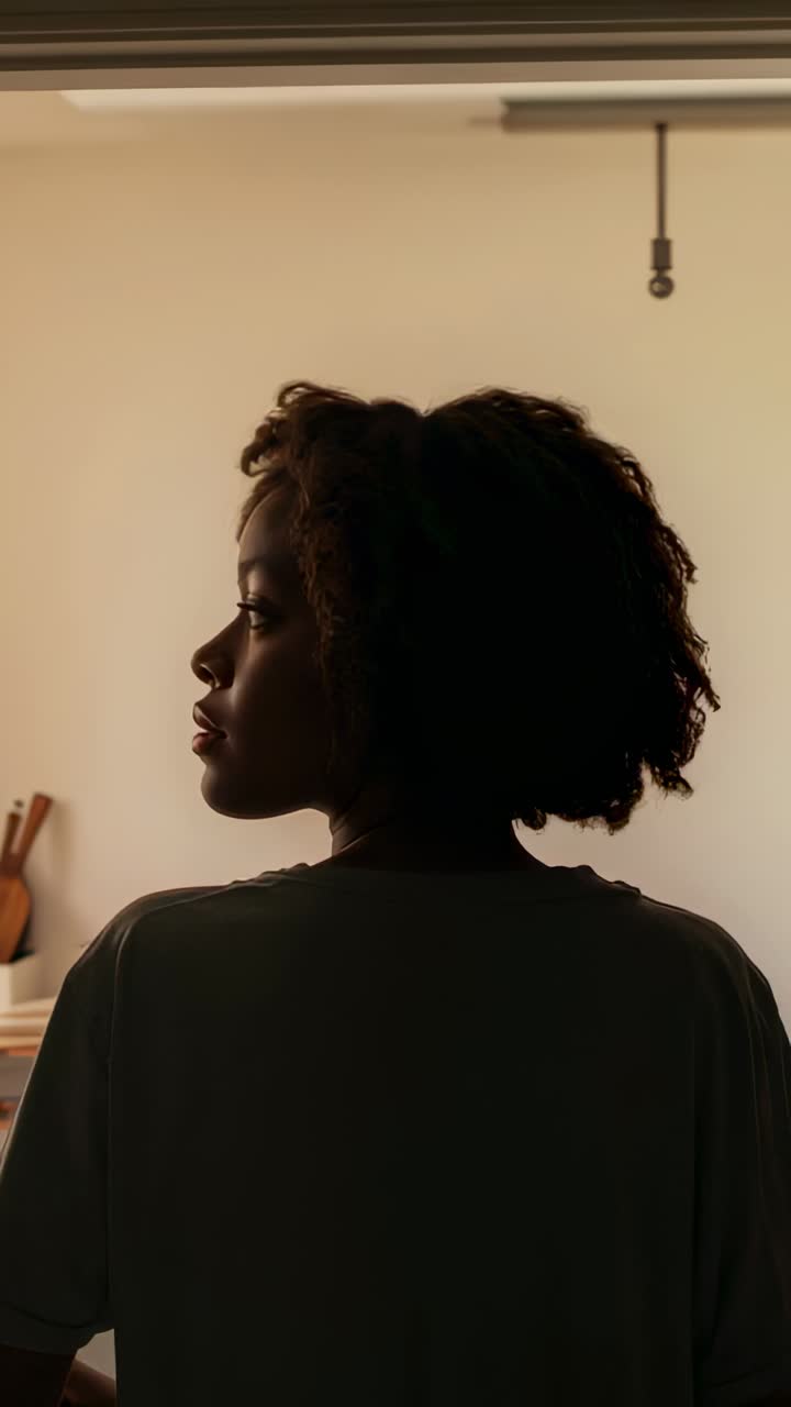 Vertical video: Turning woman in loose T-shirt facing wall in home kitchen, with wooden utensils