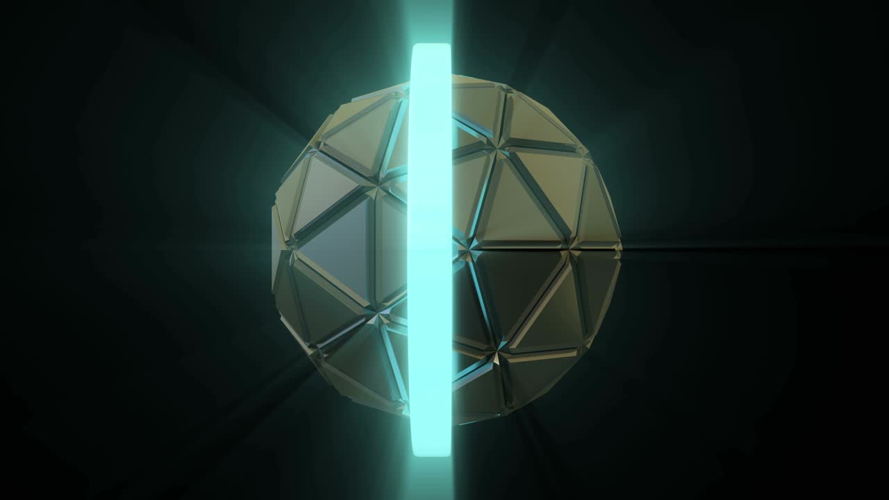 giro de una bola geométrica futurista construida a partir de triángulos con canal alfa. órbita de neón moviéndose alrededor de la esfera. patrón sin costuras.