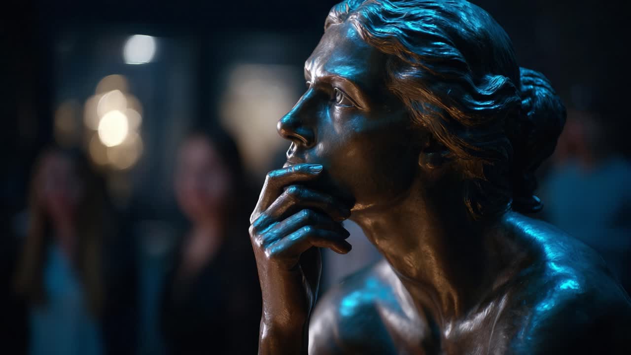 A Contemplative Bronze Sculpture Capturing Human Emotion and Thought in a Deeply Reflective Pose with an Artistic Background of Observers and Soft Lighting