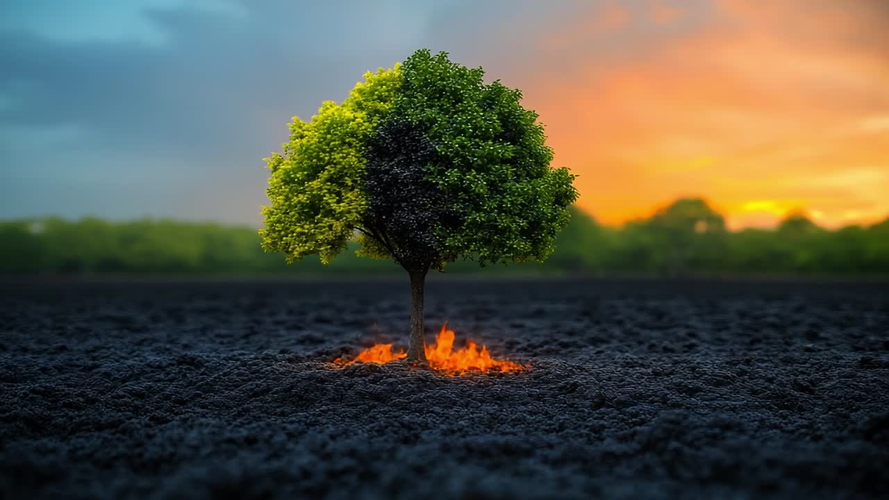 Burning soil surrounding a lone tree. A green tree stands amidst a field of dark soil, surrounded by flames as the sun sets, creating a striking contrast.