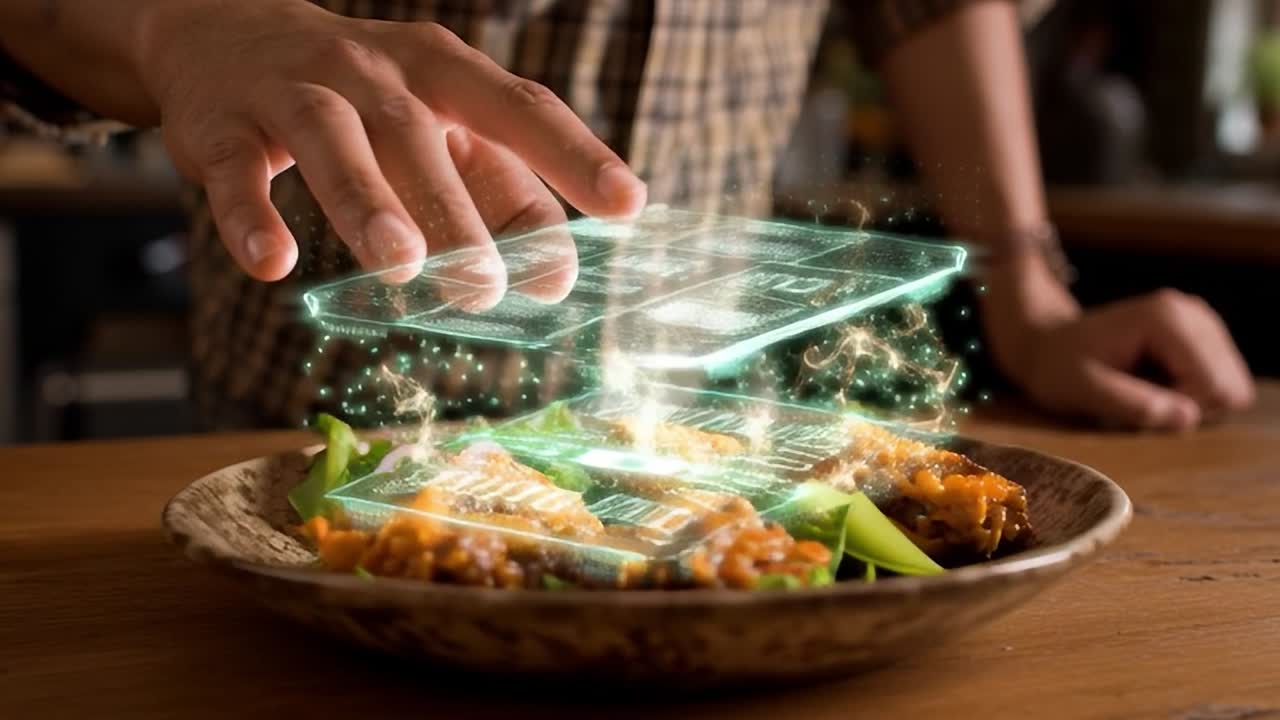 Experiencia gastronómica innovadora con presentación de alimentos holográfica al atardecer