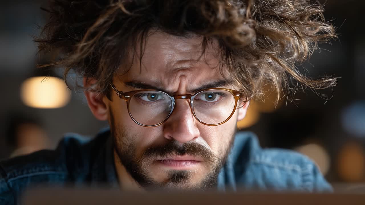 Intense Focus: A Close-Up of a Young Man With Frizzled Hair and Glasses Showing Deep Concentration While Working on a Laptop in a Dimly Lit Environment