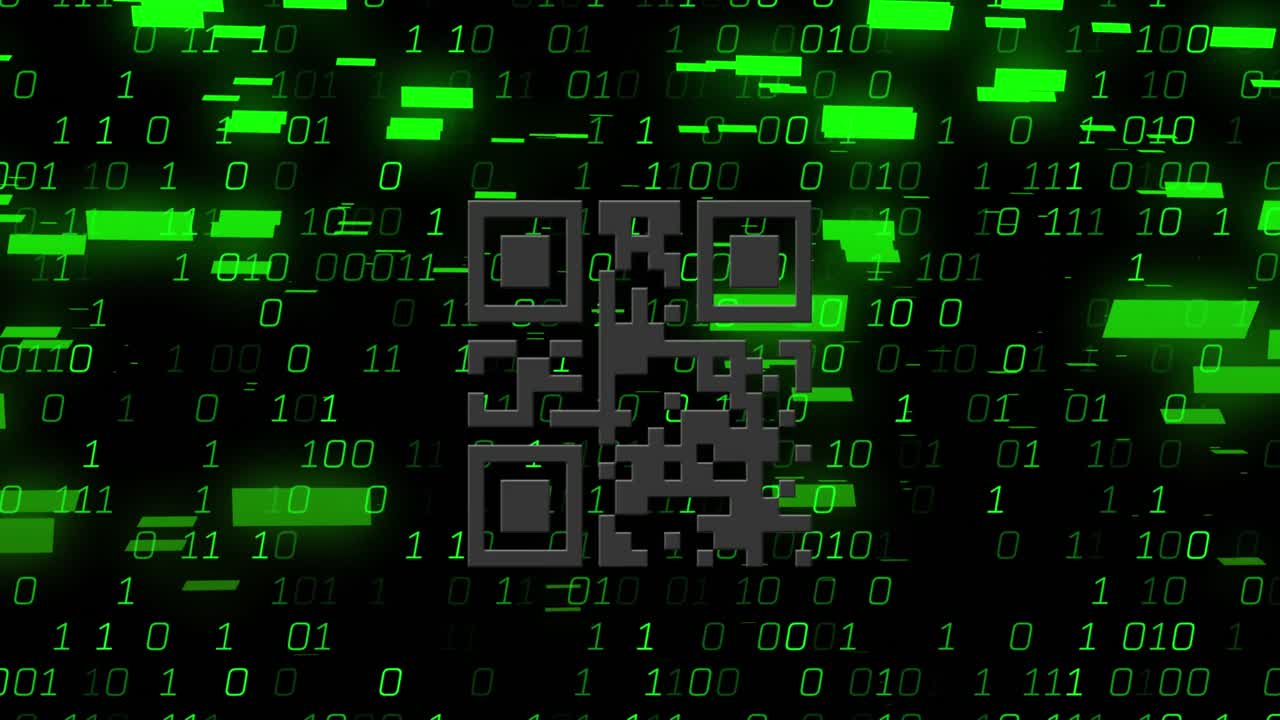Animation of data processing and qr code on black background