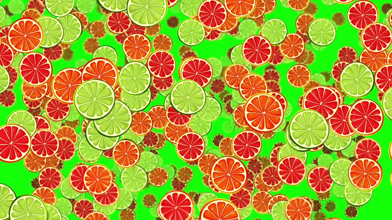 Colorful orange, lime, and grapefruit slices cascade downward in a continuous motion graphic animation