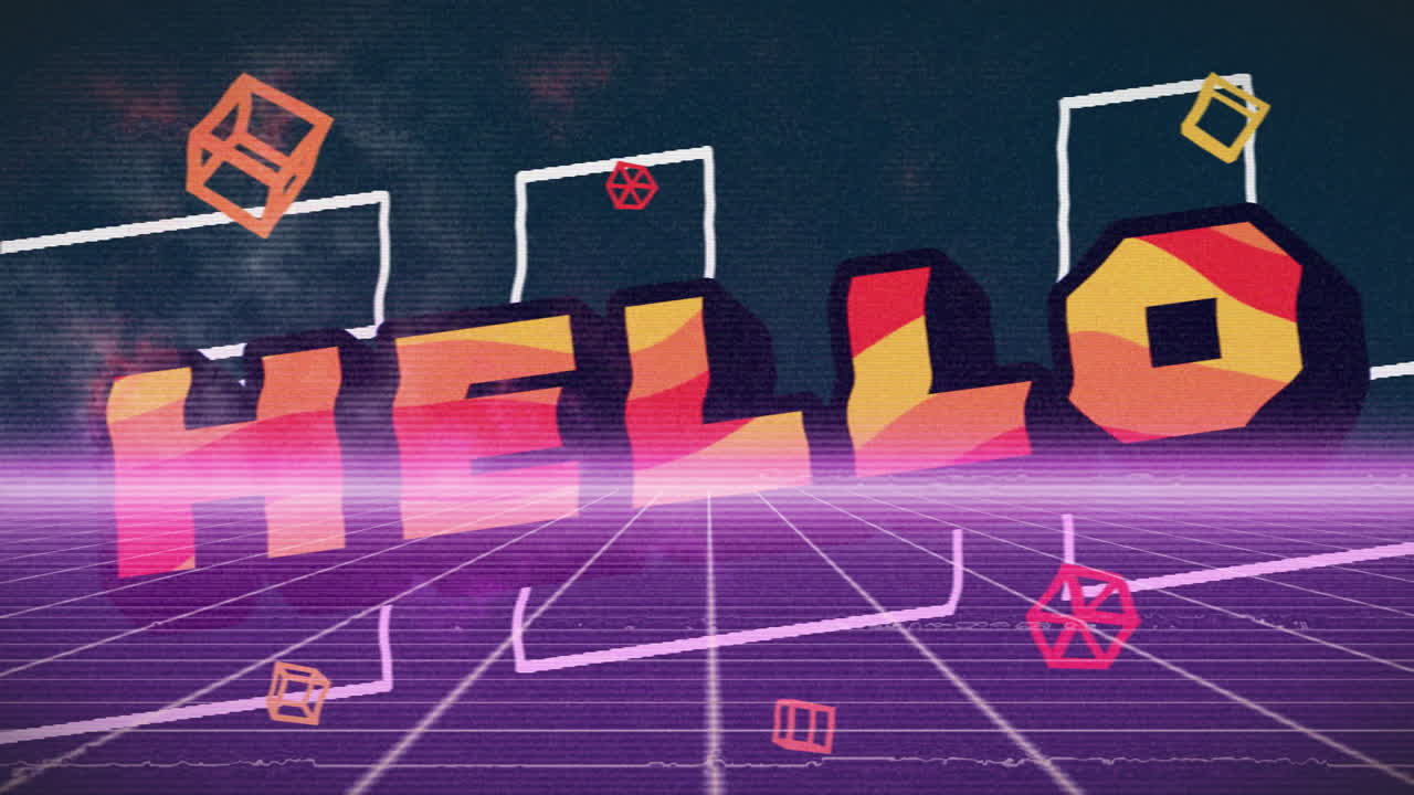 Retro animation of HELLO text with geometric shapes on digital grid background