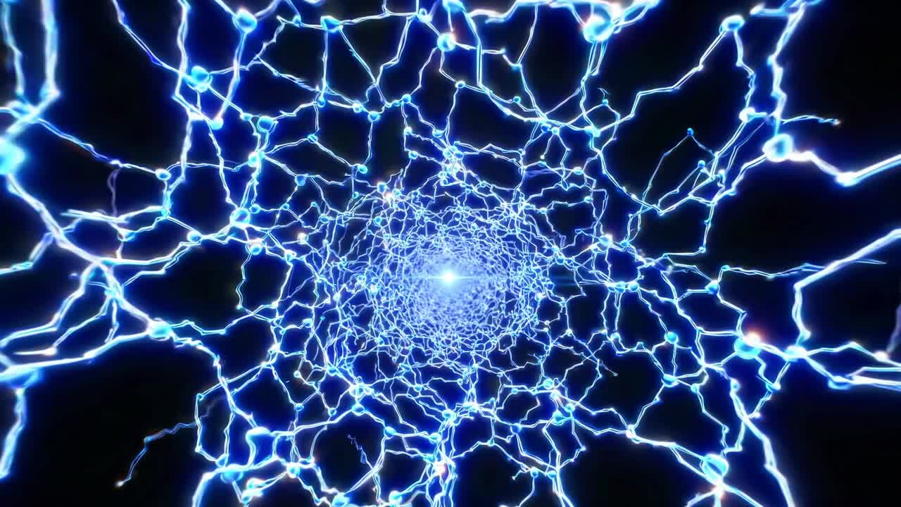 Dynamic electric blue neural network visualizes energy flow, showcasing intricate connections and vibrant light patterns in a mesmerizing motion sequence of interconnected nodes