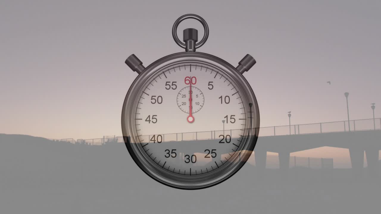 On start stopwatch overlay counting seconds, hands moving clockwise over bridge silhouette