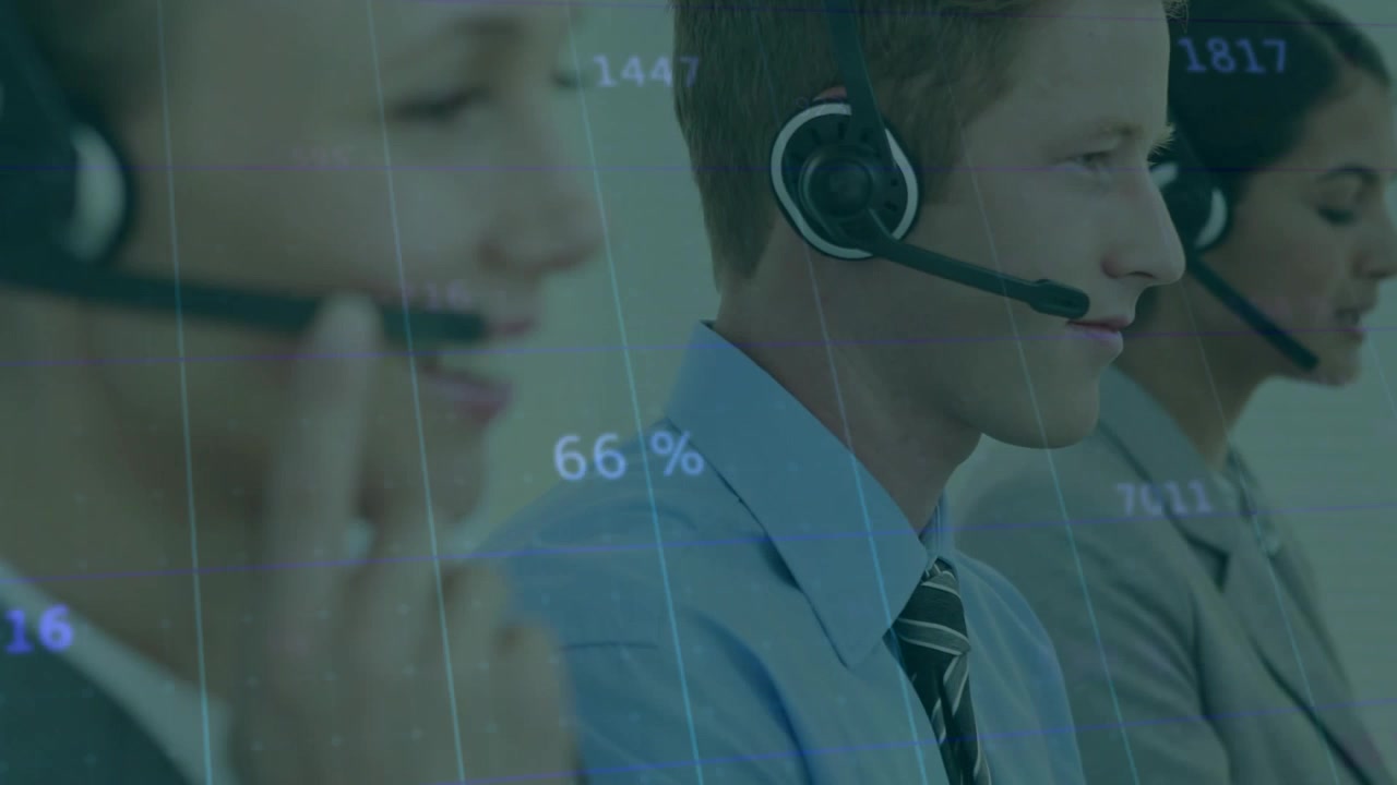 Three-person call center team adjusting headset and initiating call while overlays updating metrics