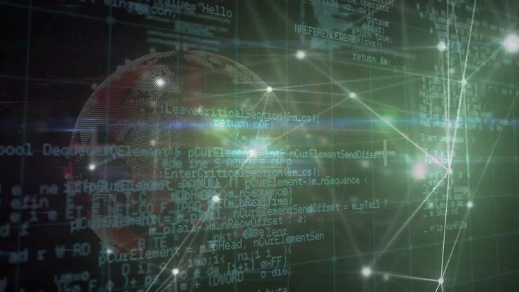 Animation of network of connections and data processing over black background