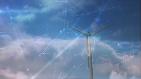 Animation-Eines-Netzwerks-Von-Verbindungen-über-Einer-Sich-Drehenden-Windmühle-Vor-Wolken-Am-Blauen-Himmel