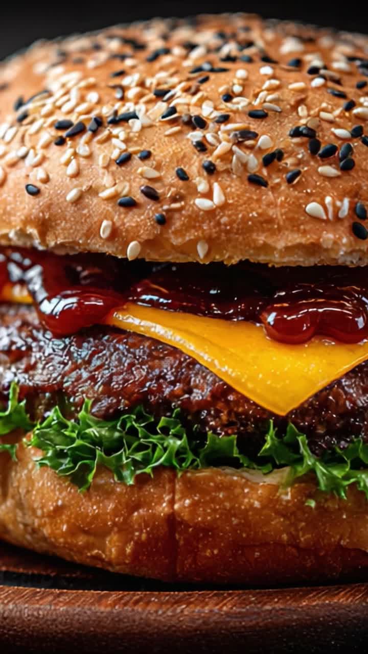 Lækker cheeseburger med frisk salat og perfekt grillet bøf, pyntet med sesamfrø og toppet med lækker barbecuesauce
