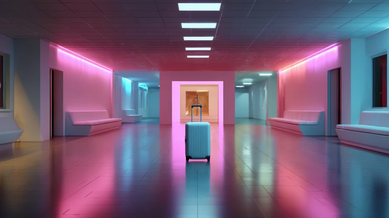 A Modern, Minimalist Hallway with a Single Luggage Amidst Vibrant Neon Lights and Smooth Surfaces, Creating a Futuristic and Serene Atmosphere with an Inviting Sense of Travel and Adventure