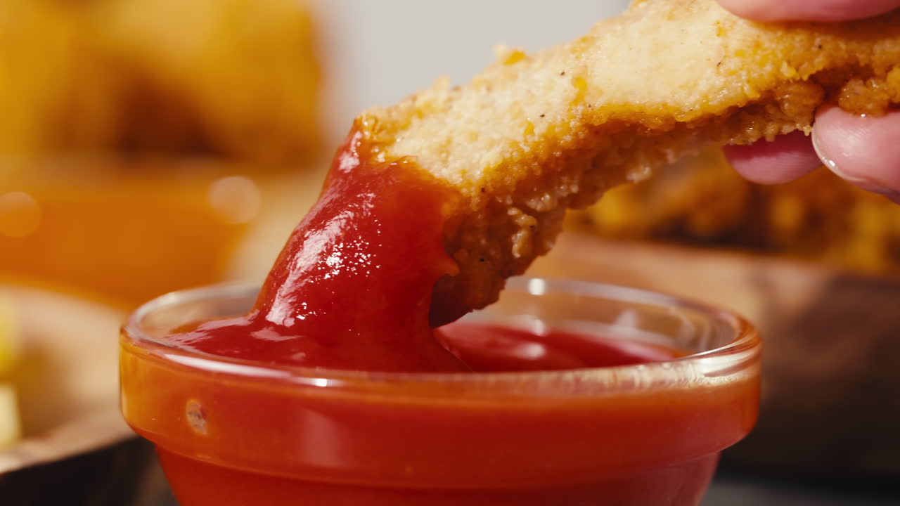 Hand dipping a chicken finger in ketchup