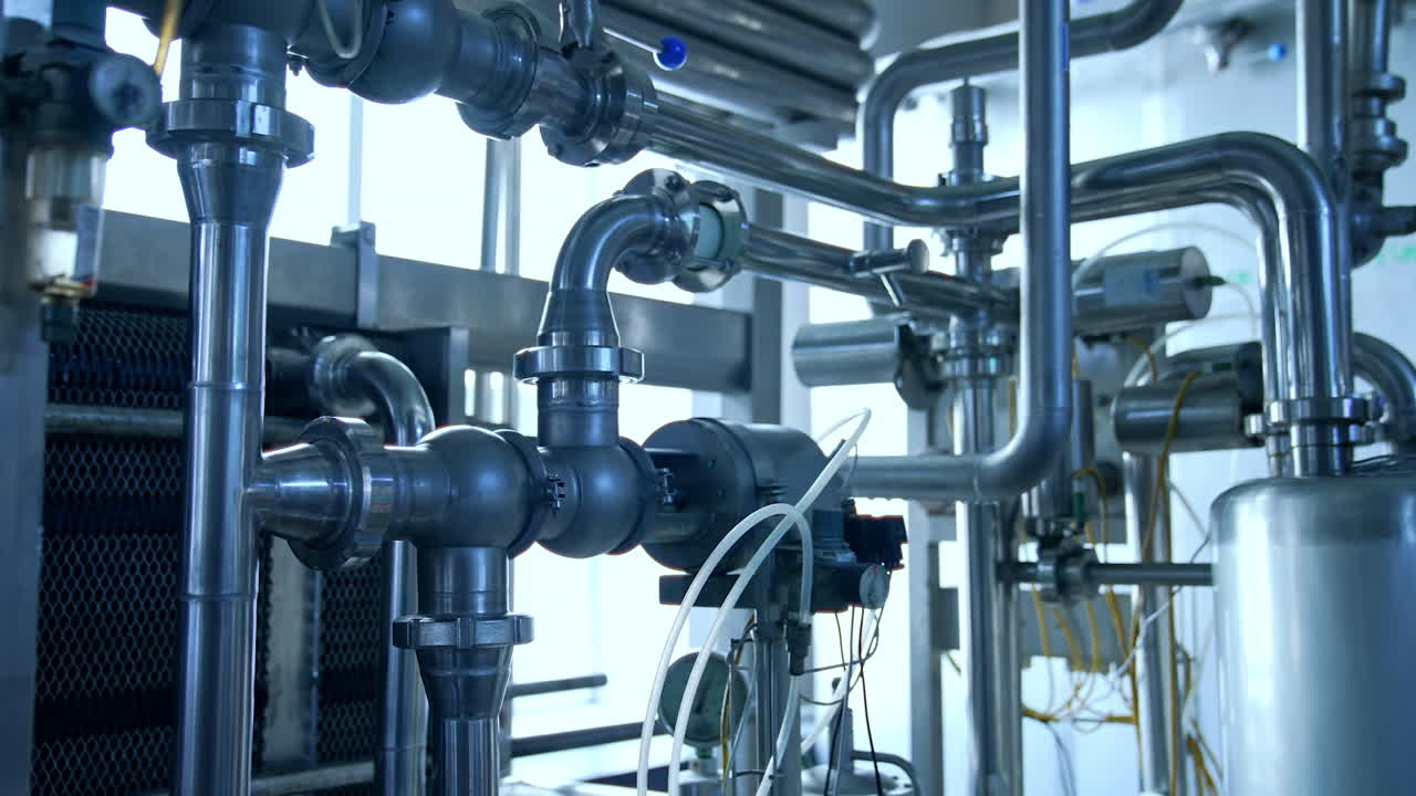 Dairy food production plant. Slow motion along the system of pipelines at diary food industry enterprise. Close up.