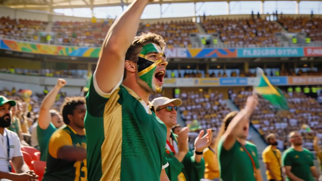 Folla esultante che anima un tifoso maschio con maglia verde, in piedi e che sventola una bandiera nello stadio, con il viso dipinto.
