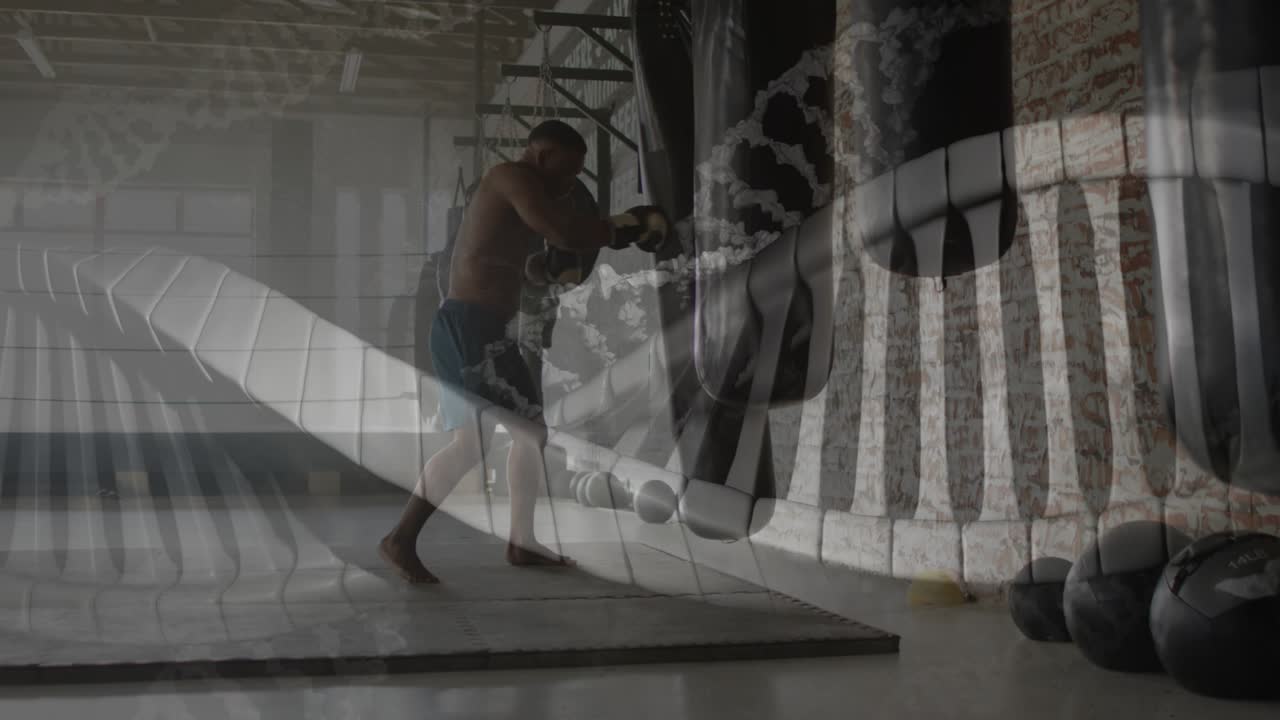 Male athlete stepping, closing range and punching bag for boxing while helix overlay syncing