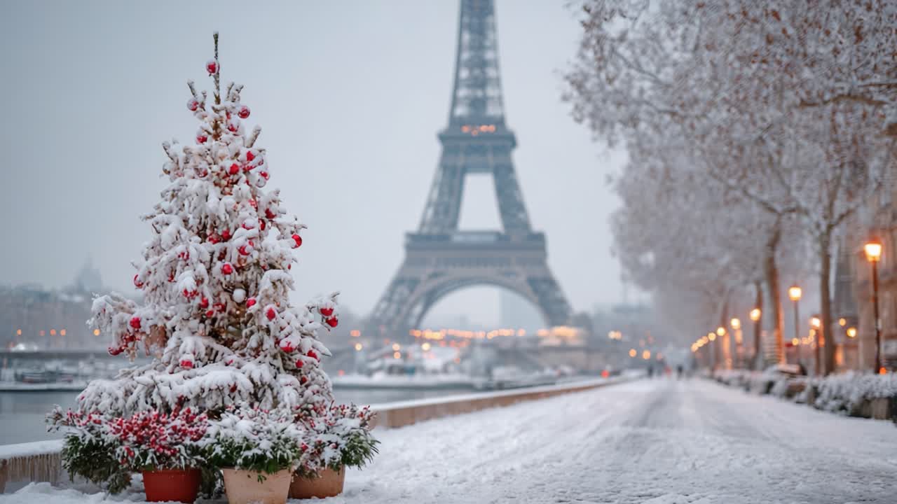 Un paese delle meraviglie invernale a Parigi: albero di Natale innevato con decorazioni vivaci e la Torre Eiffel in un'atmosfera magica di gioia festiva